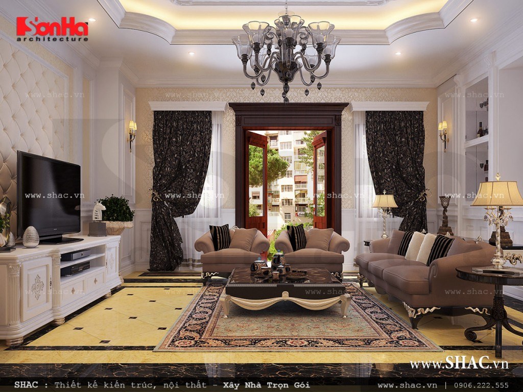 Phòng khách đẹp, nội thất phòng khách cổ điển, phòng khách nhà ống kiến trúc Pháp