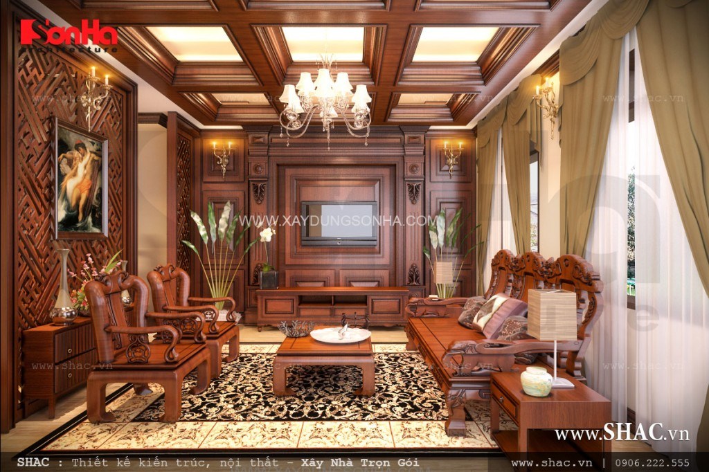 Phòng khách đẹp với bàn ghế gỗ cao cấp