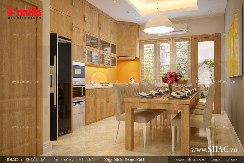 Mẫu phòng ăn đẹp với nội thất tủ bếp gỗ