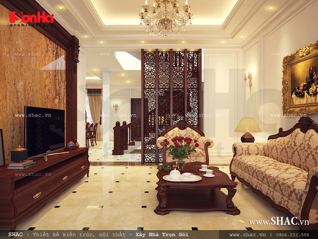 Phòng khách được thiết kế theo phong cách cổ điển nhẹ nhàng