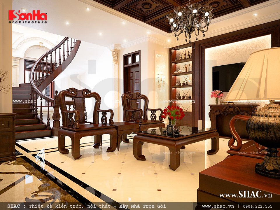 Thiết kế phòng khách với nội thất gỗ sang trọng
