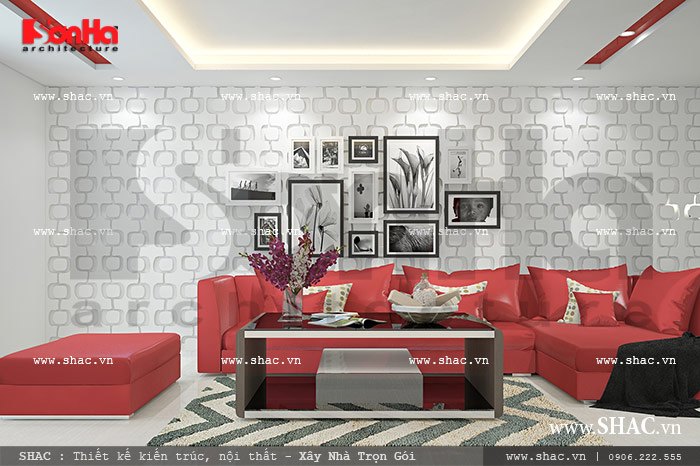 Phòng khách nổi bật với sofa màu đỏ sh nod 0124