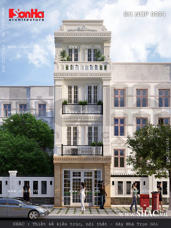 Mặt tiền nhà phố 4 tầng kiểu Pháp nhạ nhàng và thanh nhã với các yếu tố cách tân đẹp