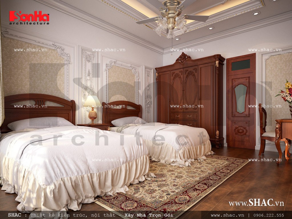 Mẫu thiết kế nội thất phòng ngủ 1 vật liệu gỗ nhà ống cổ điển sh nop 0113