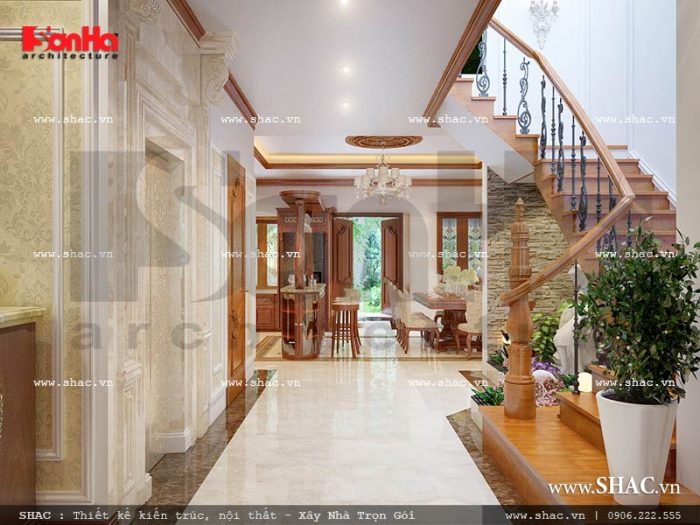 Thiết kế nội thất sảnh thang thông phòng khách phòng bếp ăn đẹp sh nop 0120