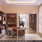 Nội thất phòng làm việc ngăn nắp với tone màu nâu trầm của gỗ