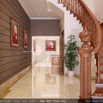 Chân cầu thang gỗ lượn được bố trí khoa học làm sáng bừng tầng 1