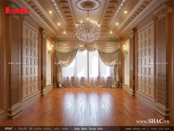 Phòng khách nhà ống cổ điển nổi bật với nội thất gỗ