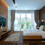 phòng ngủ hiện đại, phòng ngủ thoáng, có cửa sổ lớn, hướng ra vườn