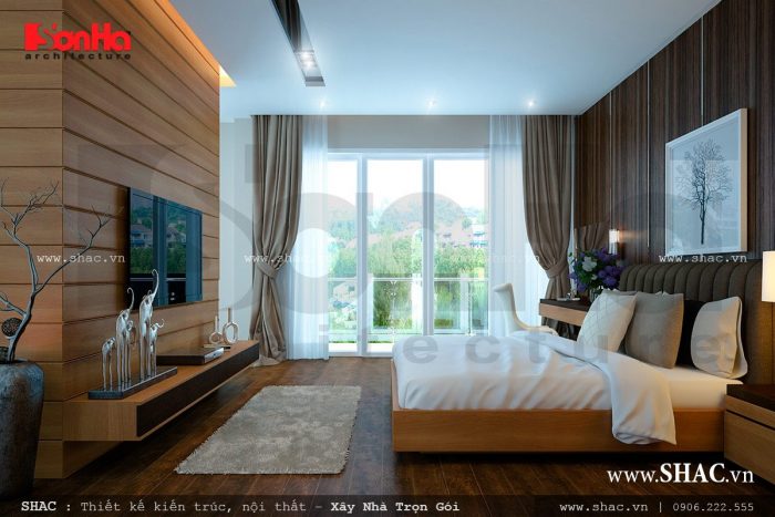 phòng ngủ hiện đại, phòng ngủ thoáng, có cửa sổ lớn, hướng ra vườn