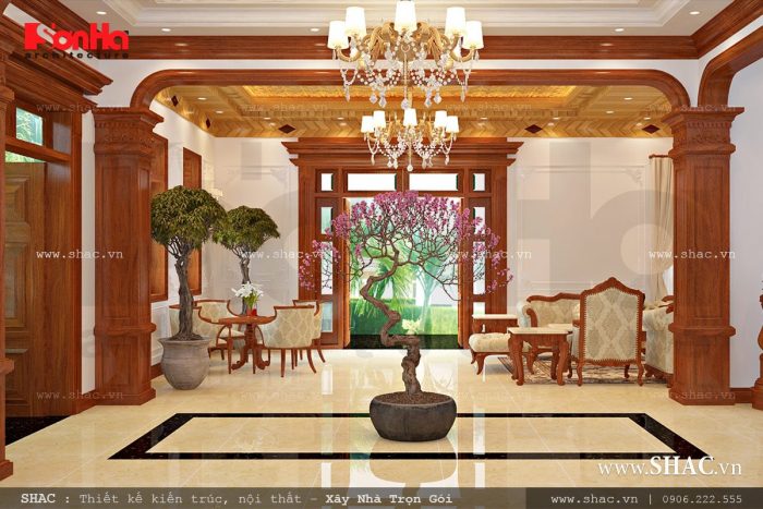Mẫu thiết kế nội thất phòng khách phong cách Pháp của biệt thự cổ điển 3 tầng trong không gian diện tích phù hợp 