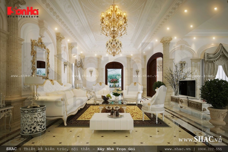 phòng khách kiểu pháp đẹp, nội thất phòng khách biệt thự cổ điển