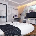 thiết kế nội thất phòng ngủ đẹp, phòng ngủ hiện đại cửa sổ rộng và nhìn ra vườn