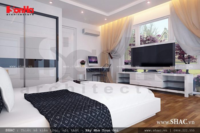 thiết kế nội thất phòng ngủ đẹp, phòng ngủ hiện đại cửa sổ rộng và nhìn ra vườn