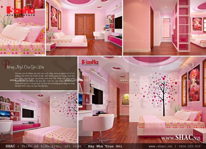Mẫu thiết kế nội thất phòng ngủ con gái đẹp với sắc hồng dễ thương 