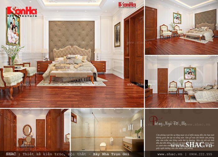 Mẫu thiết kế phòng ngủ đẹp với nội thất gỗ điều hòa không khí tốt và mang đến cảm giác vương giả cho không gian nghỉ ngơi của gia chủ 