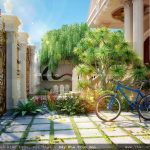 Sân vườn cổng biệt thự đẹp, tiểu cảnh ngoài trời biệt thự