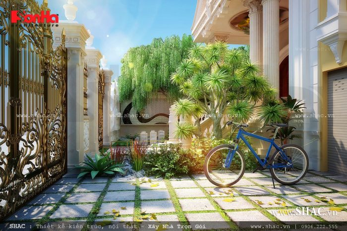Sân vườn cổng biệt thự đẹp, tiểu cảnh ngoài trời biệt thự