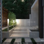 phối cảnh biệt thự, sân vườn và cổng biệt thự hiện đại