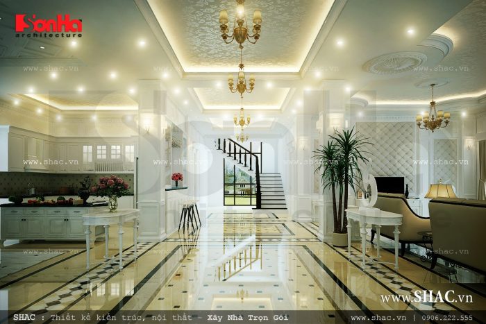 không gian phòng khách chung với bếp ăn