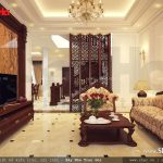 Phòng khách được thiết kế theo phong cách cổ điển nhẹ nhàng