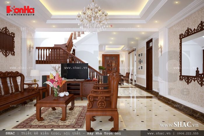 Mẫu phòng khách với nội thất gỗ sang trọng