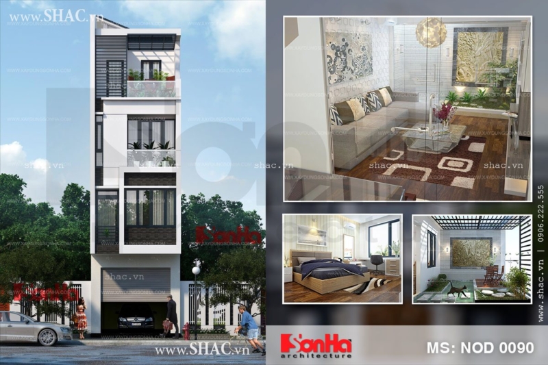 Thiết kế nhà ống 4 tầng có sân thượng mái che