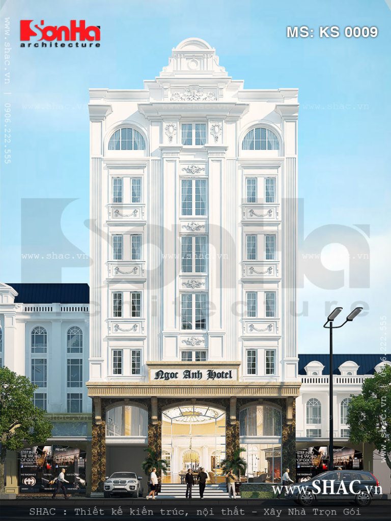 Toàn cảnh ngoại thất công trình khách sạn cổ điển 8 tầng quy hoạch trên diện tích 300m2 của chủ đầu tư Huỳnh Văn Tài