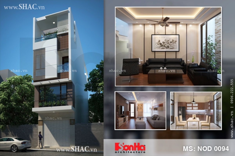 Thiết kế nhà phố 4 tầng có mái che sân thượng