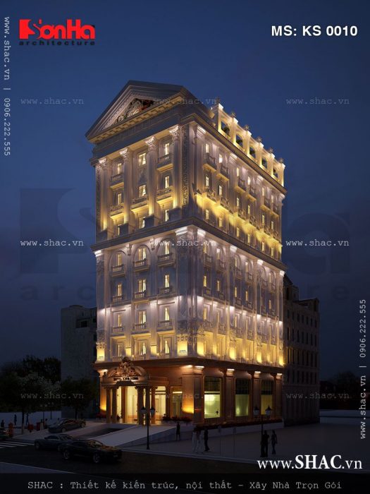 Kiến trúc khách sạn 8 tầng 4 sao ban đêm