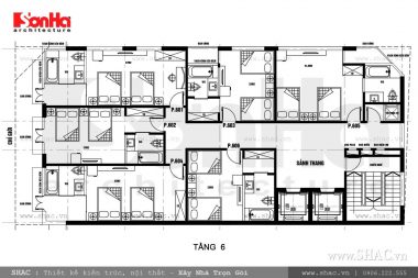 Bố trí mặt bằng tầng 6 khách sạn