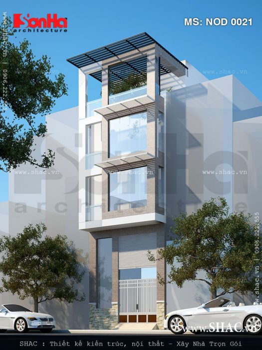 Nhà phố phong cách hiện đại 4 tầng có ô cửa kính lớn