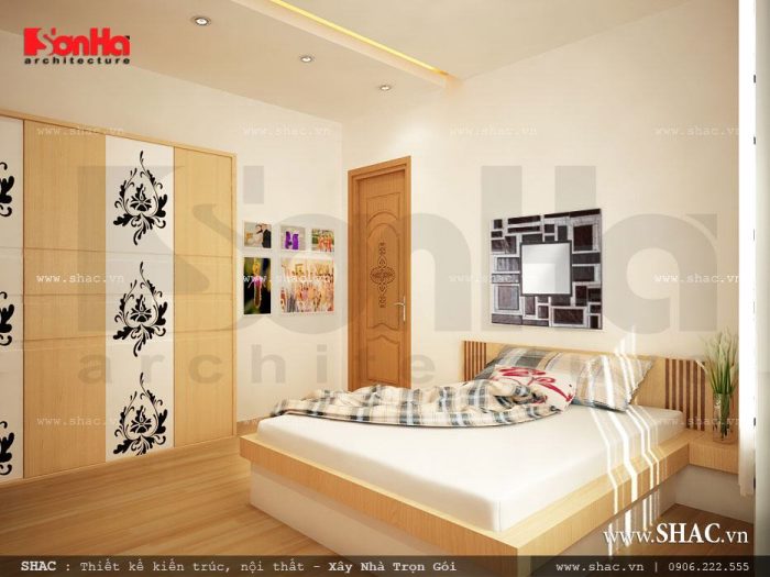 Phòng ngủ tầng 2 trang nhã với tone màu vàng kem