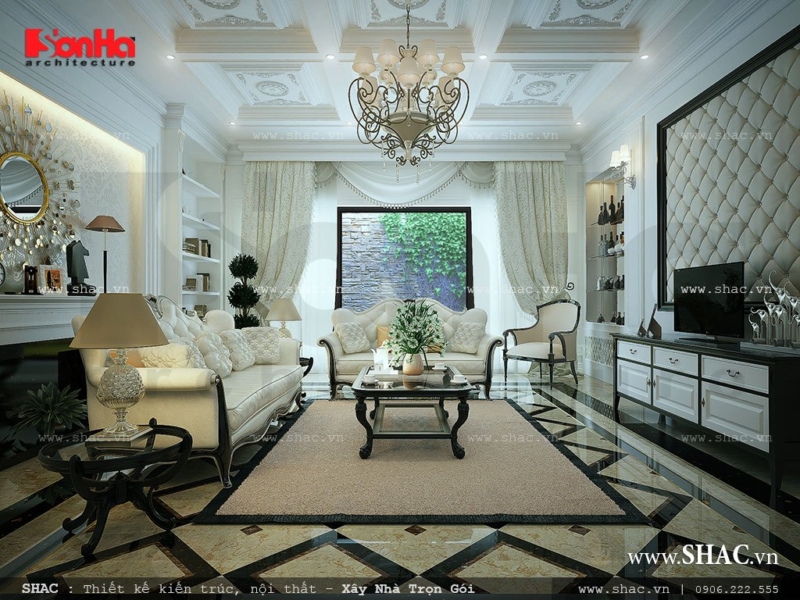 Phòng khách phong cách pháp với gam màu trắng