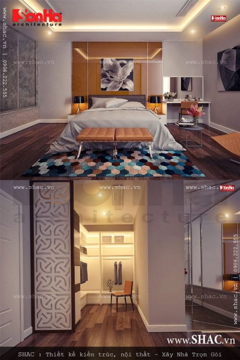 Phòng ngủ dành cho bố mẹ được thiết kế chủ đạo với gam màu ấm áp