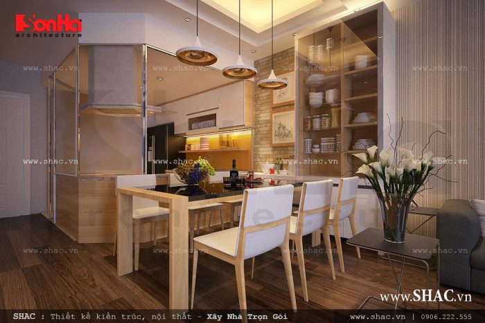 Phòng ăn ấm cúng phong cách hiện đại cũng gây ấn tượng không kém