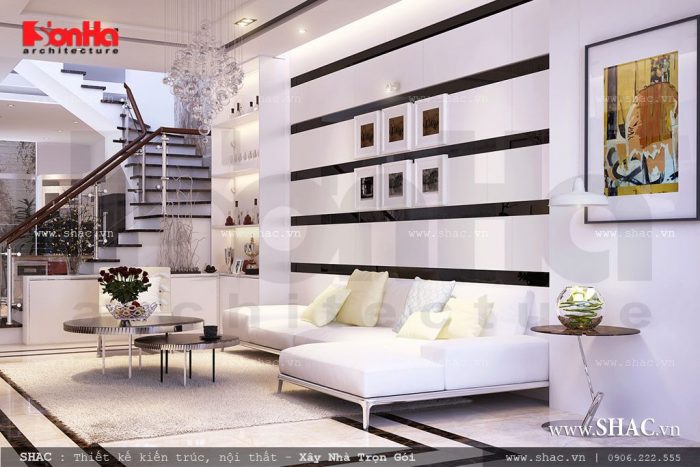Phòng khách với 2 gam màu trắng đen