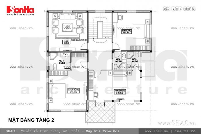 Bản vẽ mặt bằng tầng 2 biệt thự pháp 3 tầng