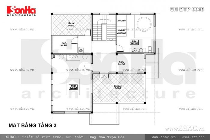 Bản vẽ mặt bằng tầng 3 biệt thự pháp 3 tầng