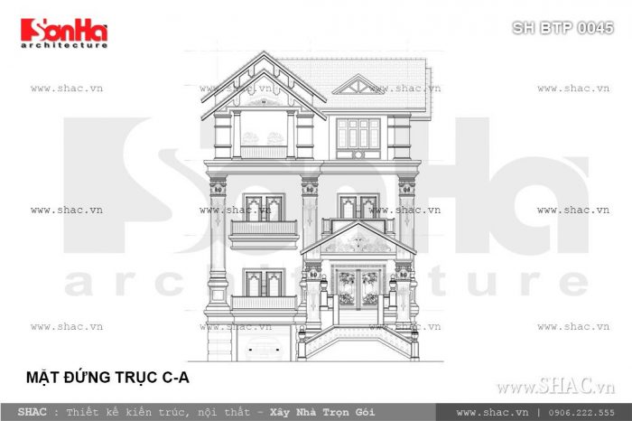 Bản vẽ mặt đứng của biệt thự 3 tầng