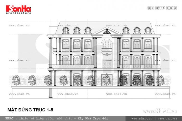 Bản vẽ mặt đứng biệt thự pháp 3 tầng