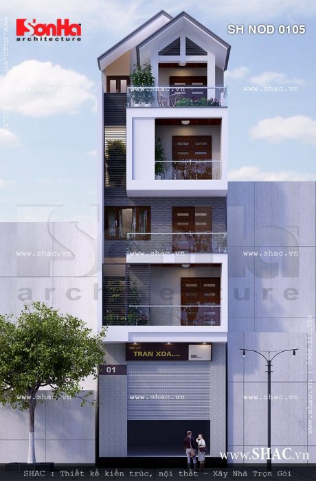 Nhà ống 5 tầng hiện đại có mái chéo