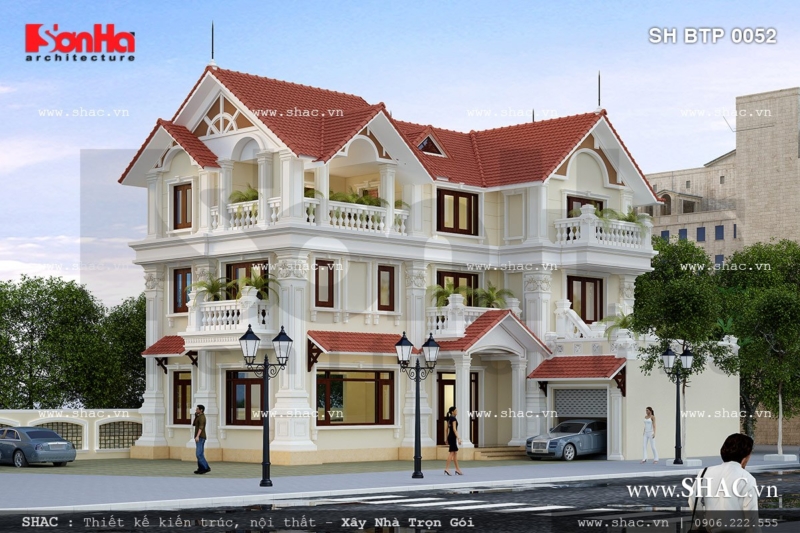 Biệt thự 3 tầng kiểu pháp kết hợp mái đỏ