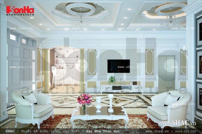 Không gian phòng khách biệt thự kiến trúc pháp đẹp