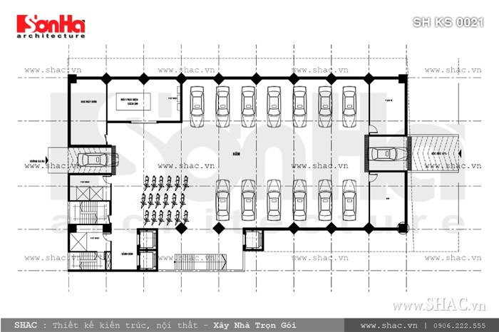 Thiết kế khách sạn 4 sao 2 mặt tiền sang trọng - SH KS 0021 21 Bản vẽ mặt bằng tầng hầm của khách sạn sh ks 0021