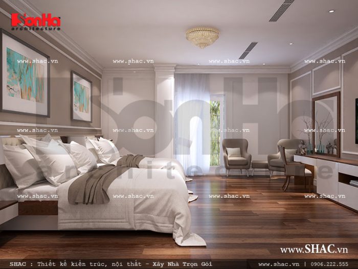 Thiết kế nội thất phòng ngủ khách sạn 5 sao tại Phú Quốc với 2 giường ngủ bố trí khoa học và cân xứng với diện tích phòng 