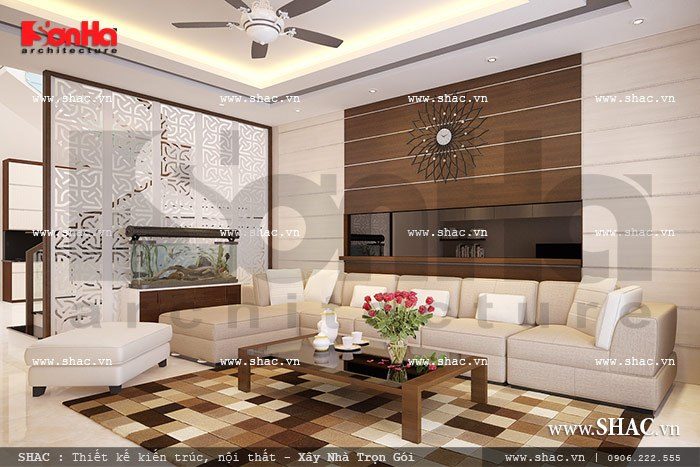 Mẫu thiết kế nội thất phòng khách với gam màu tinh tế của biệt thự hiện đại 