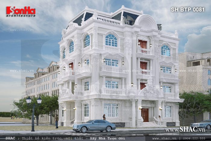 Biệt thự trắng 4 tầng kiến trúc Pháp cổ điển sang trọng điển hình biệt thự đẹp tại Kon Tum 