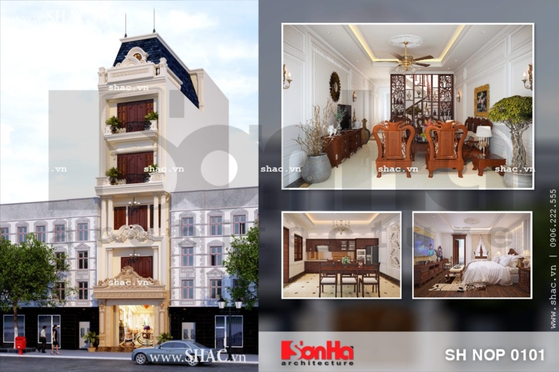 Mẫu nhà ống 5 tầng 100m3 kiến trúc pháp sh nop 0101