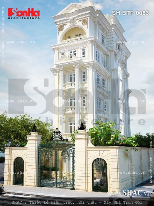 Mặt tiền ngôi biệt thự 6 tầng phong cách pháp đẹp sh btp 0083